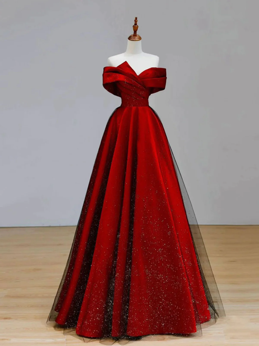 Shiny Off the Shoulder Burgundy Long Prom Dresses P2238
