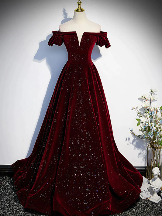 Shiny Off the Shoulder Burgundy Long Prom Dresses P2239