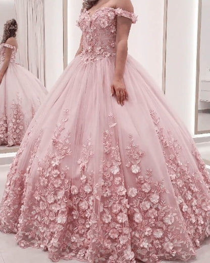 3D Lace Flowers Off The Shoulder Dress