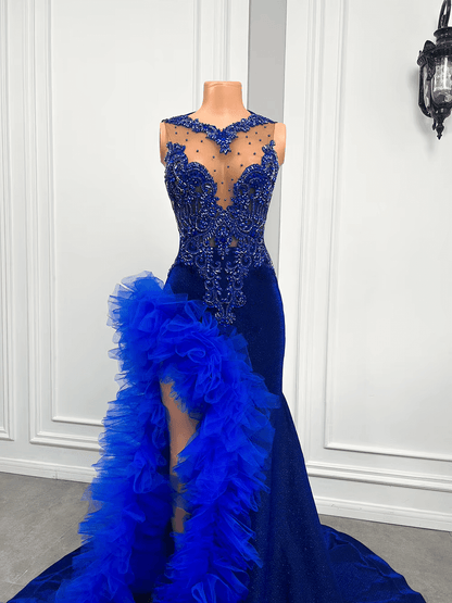 Royal Blue Mermaid Prom Dress Ruffled Evening Dresses with Slit