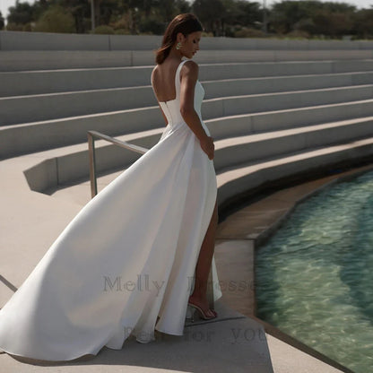 Simple Square Neck Wedding Dresses With Side Slit Elegant Bridal Gown Open Back Design