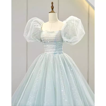 Pretty Ball Gown Square Neckline Short Sleeves Long Evening Party Dress Prom Dresses PD0040