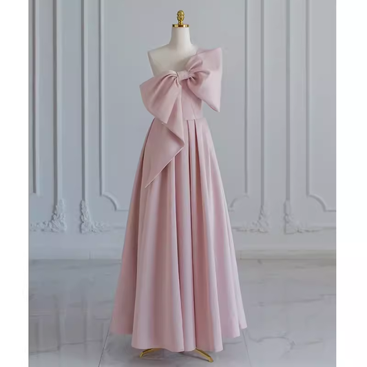 Pretty A line One Shoulder Pink Satin Long Evening Party Dress Prom Dresses With Bowknot PD0041