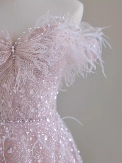 Pretty A line Off The Shoulder Pink Sequin Long Evening Party Dress Prom Dresses PD0045