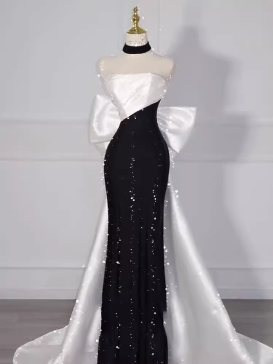 Vintage Mermaid Strapless Sequin Black Long Prom Dress Formal Dresses PD0047