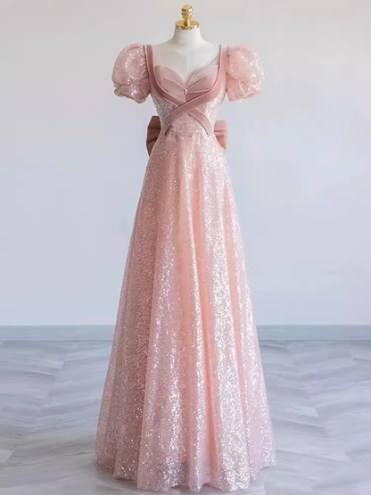 Pretty A line Sweetheart Short Sleeves Long Evening Party Dress Pink Prom Dresses PD0053