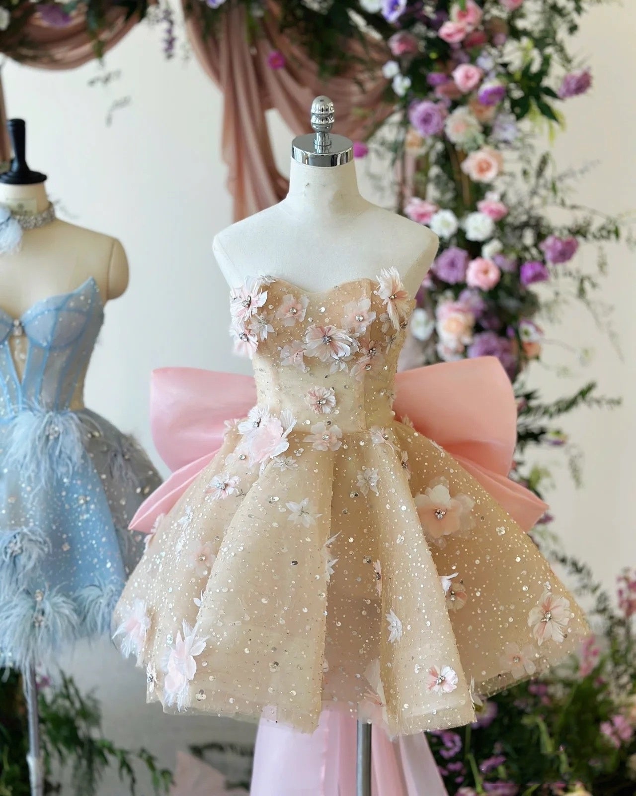 Sexy Ball Gown Sweetheart Pink Floral Lace Prom Dresses Party Dress SD2315