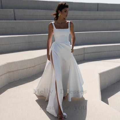 Simple Square Neck Wedding Dresses With Side Slit Elegant Bridal Gown Open Back Design