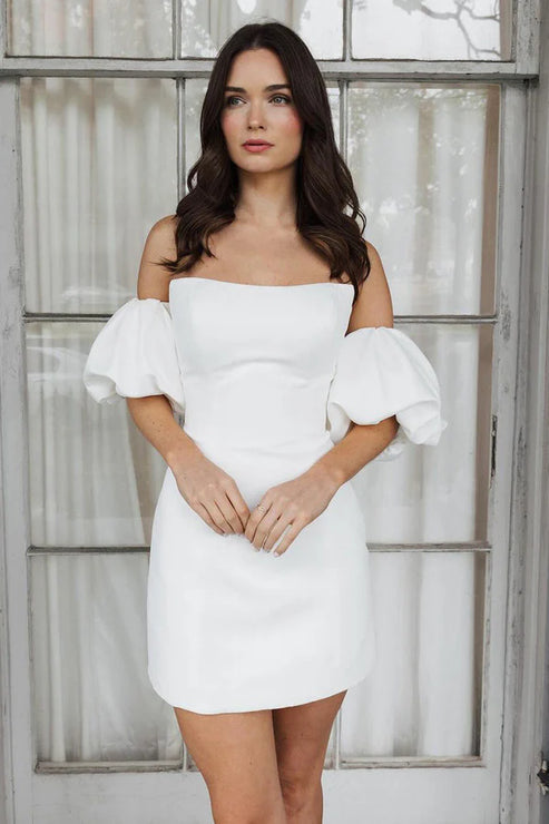 Short Satin White Wedding Dress Strapless Off the Shoulder Beautiful