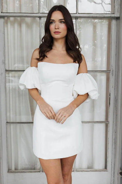 Short Satin White Wedding Dress Strapless Off the Shoulder Beautiful