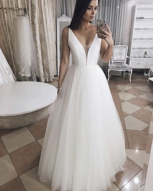 Simple Satin V-neck Tulle Floor Length Wedding Dresses