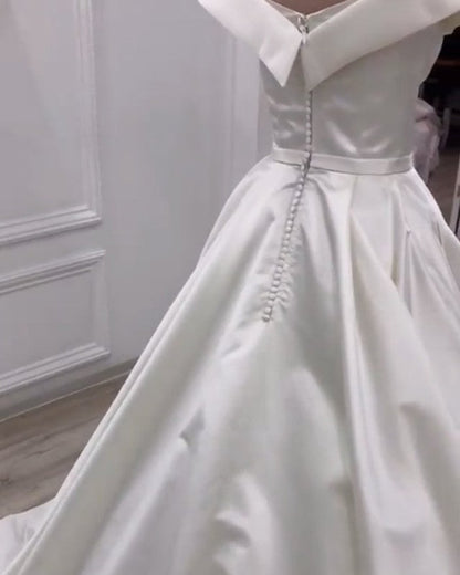 Simple Satin Wedding Dress Ball Gown Off Shoulder