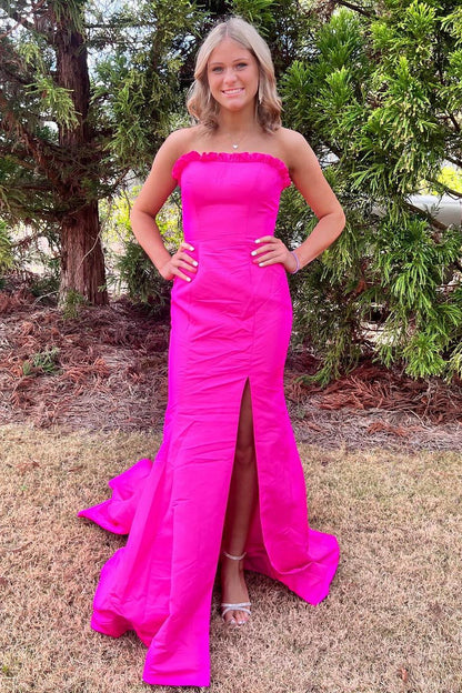 Classy Red Strapless Satin Mermaid Long Prom Dress with Slit