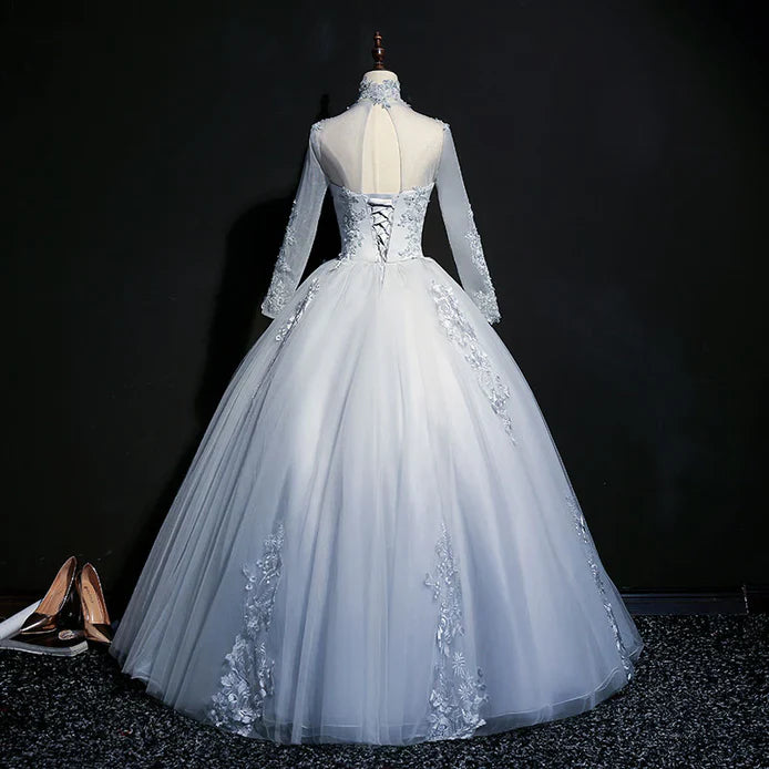Beautiful Grey A-line Long Sleeves with Lace Party Gown Sweet 16 Dress Prom Dress