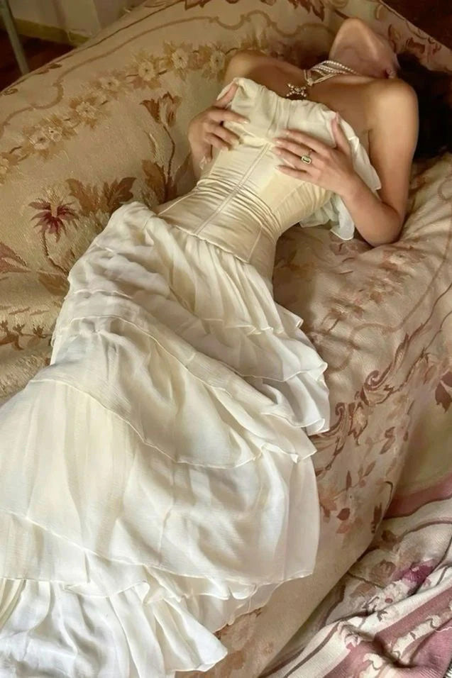 Vintage A line Strapless White Chiffon Long Prom Dresses P1771