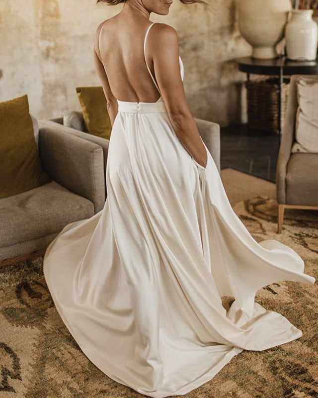Simple Satin Boho Wedding Dresses With Pockets