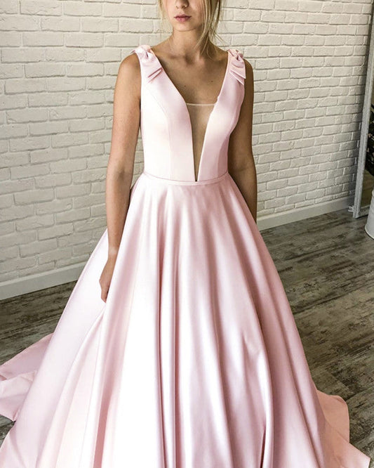 Simple Satin Wedding Dress Plunge Neck