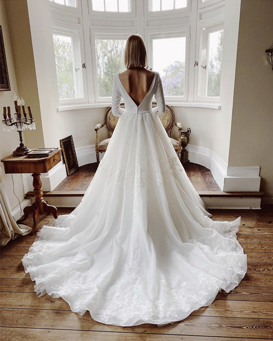 A Line Organza Wedding Dress Satin Sleeves