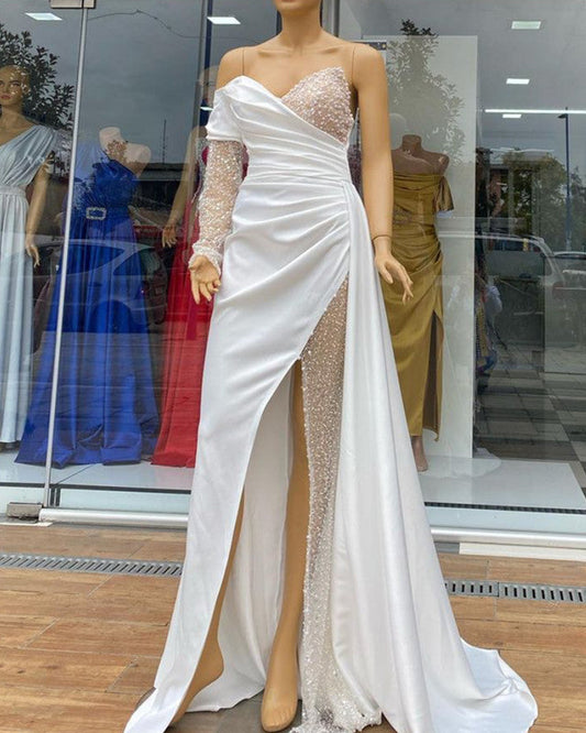 White Mermaid Split Satin And Beaded One Shoulder Dresses
