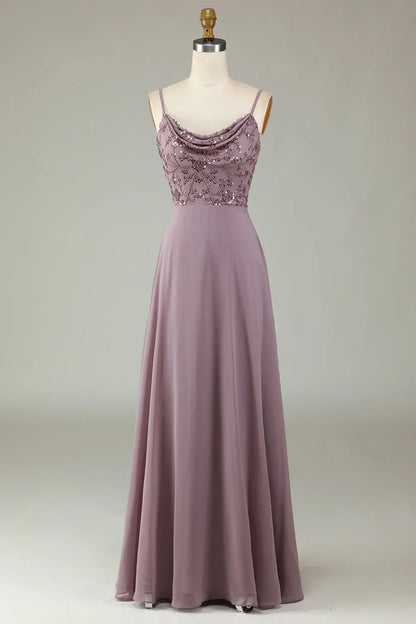 Thin shoulder strap beaded grey pink bridesmaid dress