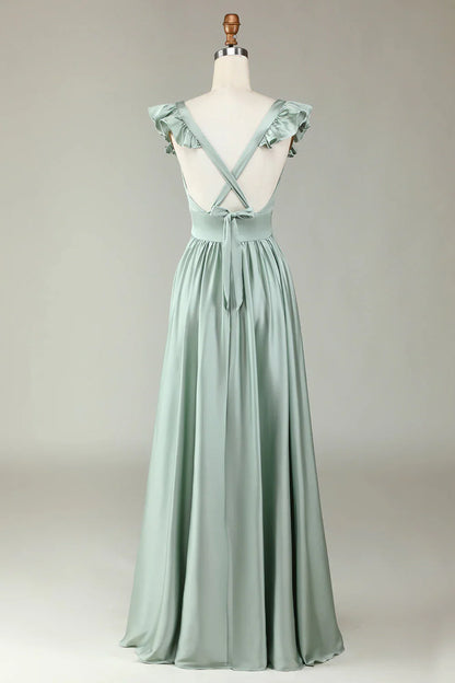 Deep V-neck ruffled matcha long bridesmaid dress
