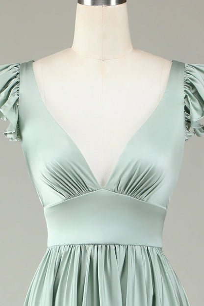 Deep V-neck ruffled matcha long bridesmaid dress