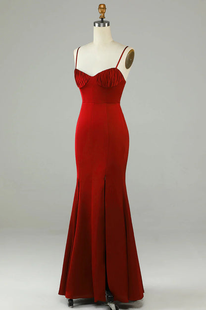 Fish tail thin shoulder strap wine red slit long bridesmaid dress