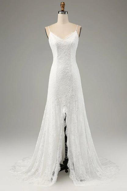 Ivory fish tail lace thin shoulder strap slit wedding dress