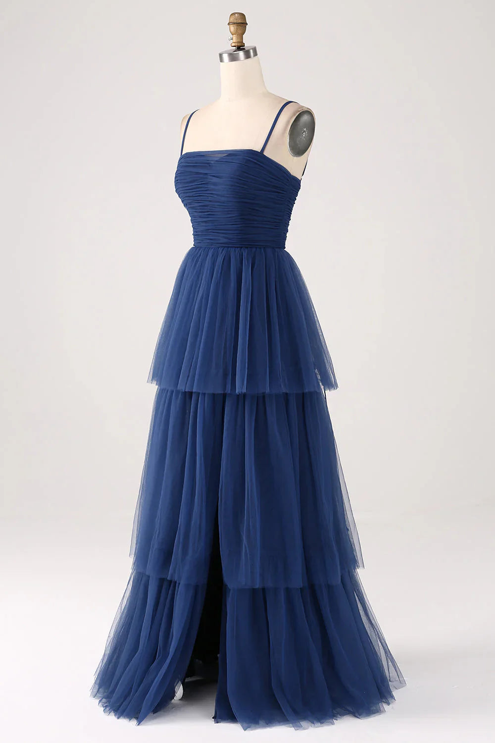 A Line thin shoulder strap layered sheer pleated slit prom dress