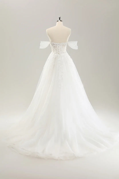 Princess style off the shoulder sweeping with decals and trailing lines