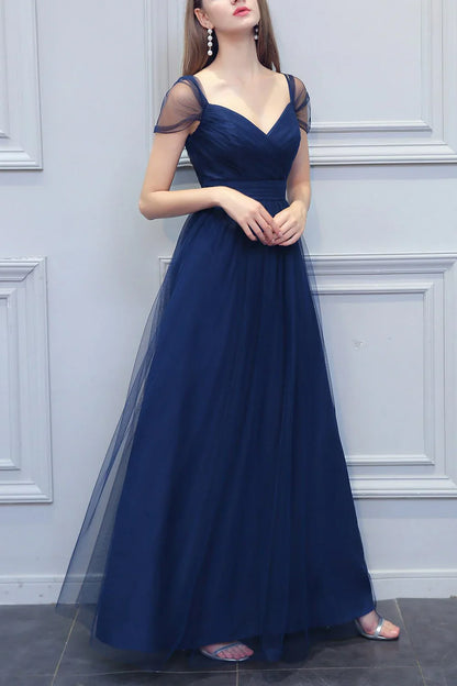 A-shaped V-neck long sheer bridesmaid dress