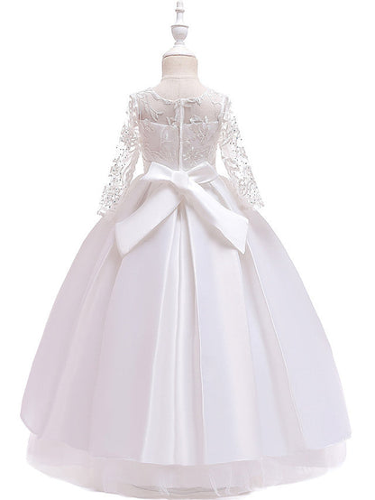 A-Line 3/4 Length Sleeve Jewel Neck Cotton Lace Ball Gown Flower Girl Dresses With Lace Sash Ribbon Pleats