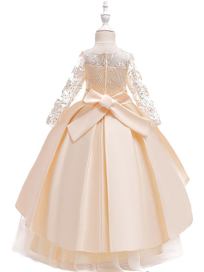 A-Line 3/4 Length Sleeve Jewel Neck Cotton Lace Ball Gown Flower Girl Dresses With Lace Sash Ribbon Pleats