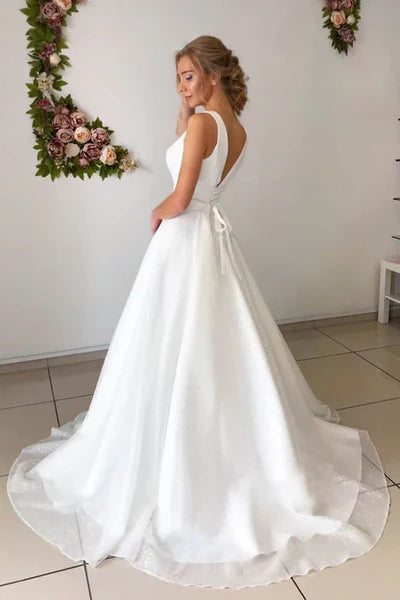 A-line Attractive V-neck Simple Wedding Dress Rustic Wedding Gown White Sexy