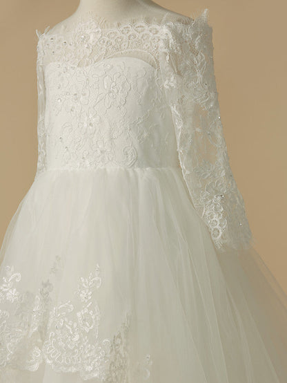 A-Line Half Sleeve Bateau Neck Flower Girl Dress with Beaded Lace Tulle Appliques