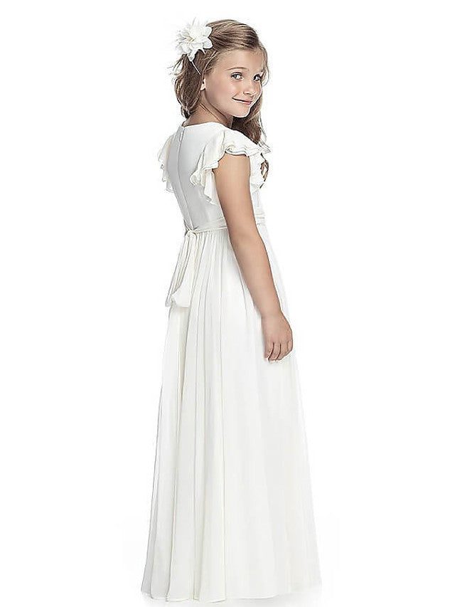 A-Line Jewel Floor Length Flower Girl Dress With Sash Ribbon