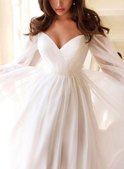 A-Line Off-the-Shoulder Long Sleeves Chiffon Floor-Length Wedding Dress Elegant