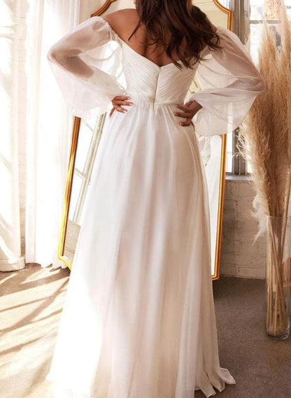 A-Line Off-the-Shoulder Long Sleeves Chiffon Floor-Length Wedding Dress Elegant