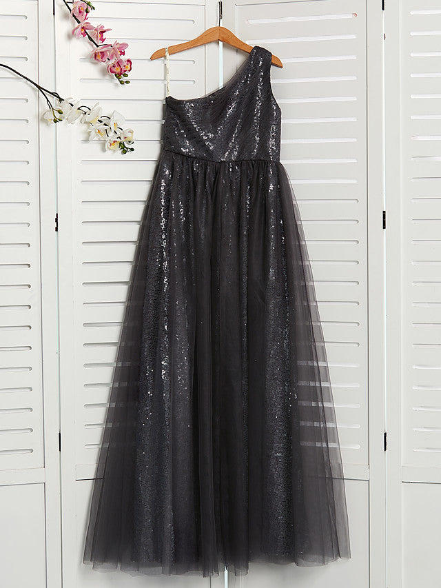 A-Line One Shoulder Flower Girl Dress Maxi Tulle with Beading