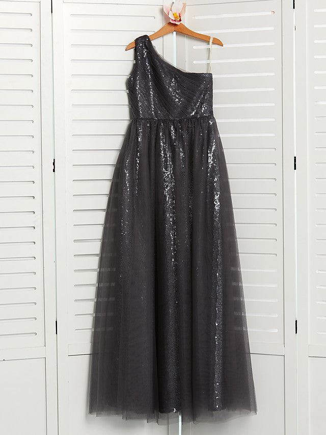 A-Line One Shoulder Flower Girl Dress Maxi Tulle with Beading