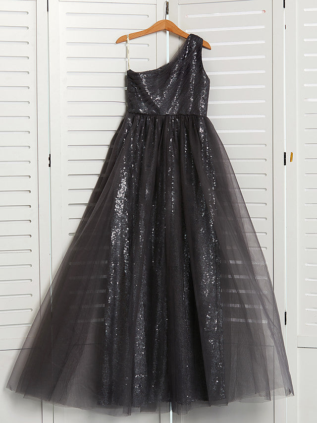 A-Line One Shoulder Flower Girl Dress Maxi Tulle with Beading