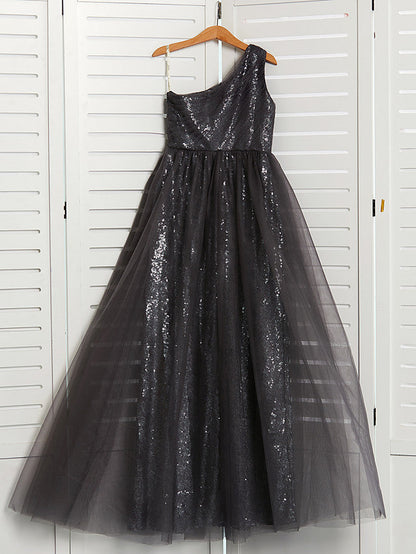 A-Line One Shoulder Flower Girl Dress Maxi Tulle with Beading