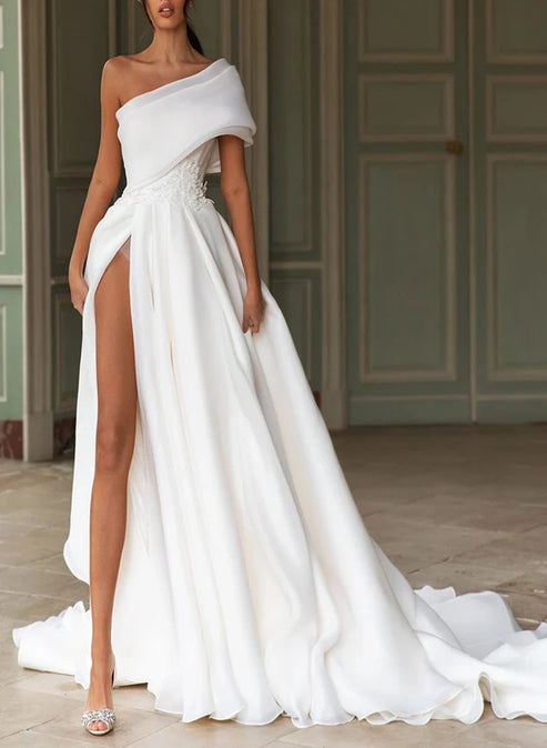 A-Line One-Shoulder Organza Sweep Train Wedding Dress With Appliques And Bow
