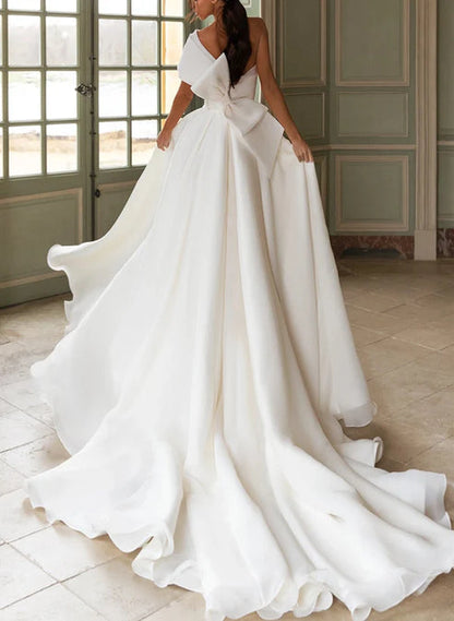 A-Line One-Shoulder Organza Sweep Train Wedding Dress With Appliques And Bow