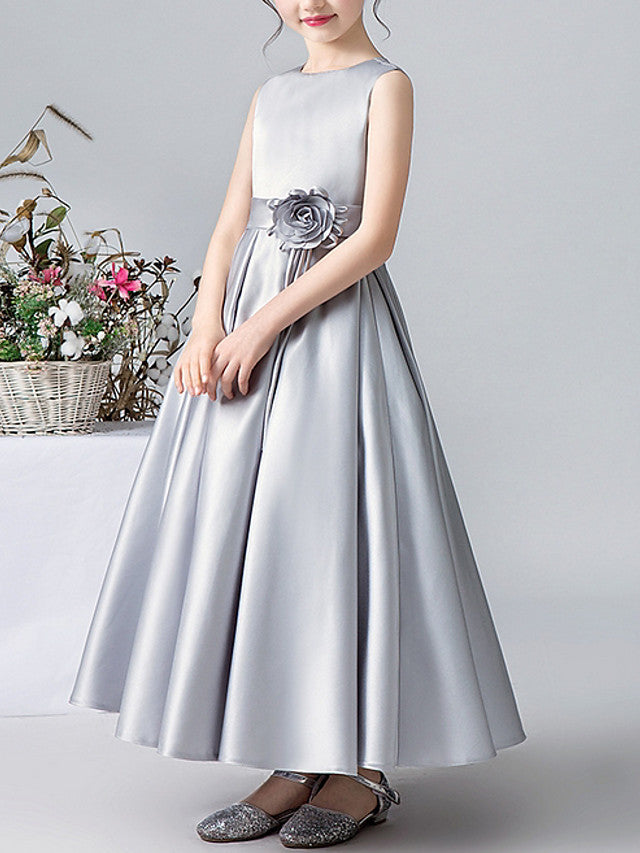 A-Line Satin Flower Girl Dress With Pleats and Appliques