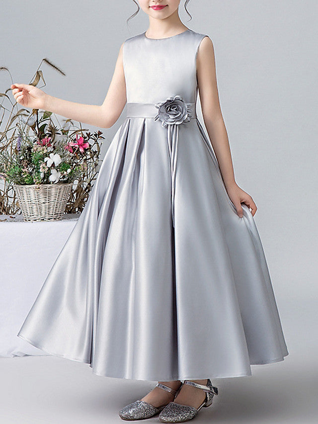 A-Line Satin Flower Girl Dress With Pleats and Appliques