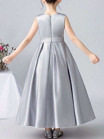 A-Line Satin Flower Girl Dress With Pleats and Appliques
