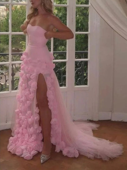 A line Sexy Sweetheart Sleeveless Pink Slit Flowers Prom Dress