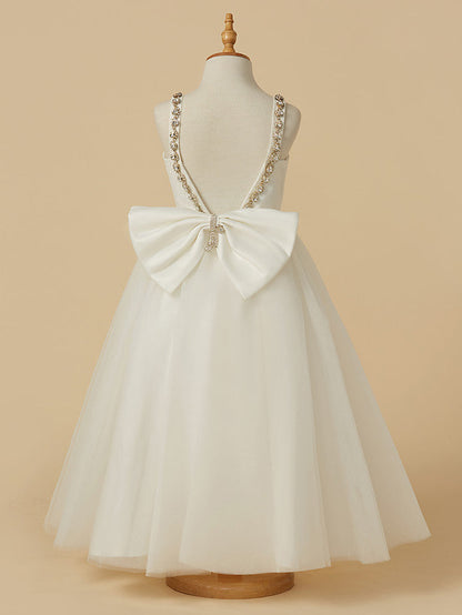A-Line Sleeveless Straps Ankle Length Flower Girl Dress with Bow Beading and Lace Tulle