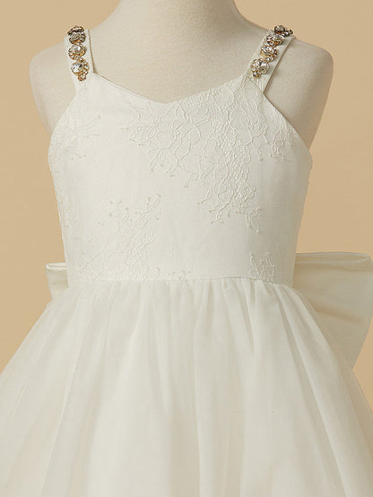 A-Line Sleeveless Straps Ankle Length Flower Girl Dress with Bow Beading and Lace Tulle